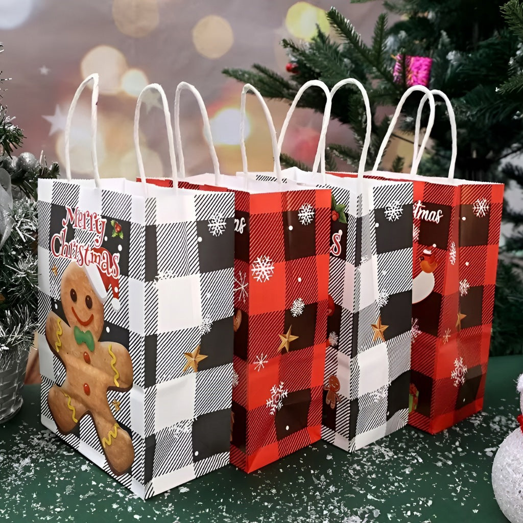 Papiertüte mit gedrehtem Henkel 330x120x260mm rot kariertes Weihnachtsmuster 4St.
