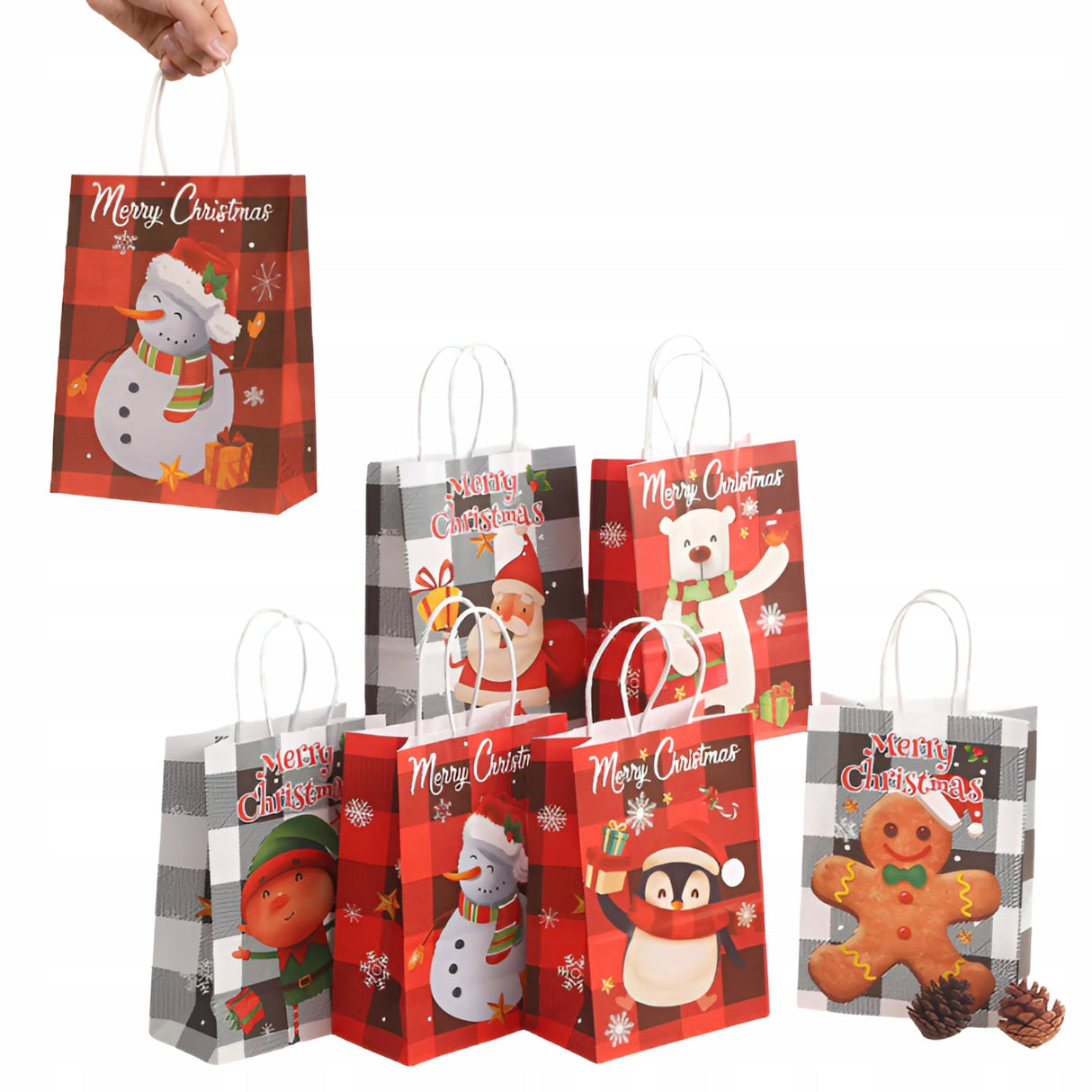 Papiertüte mit gedrehtem Henkel 330x120x260mm rot kariertes Weihnachtsmuster 4St.