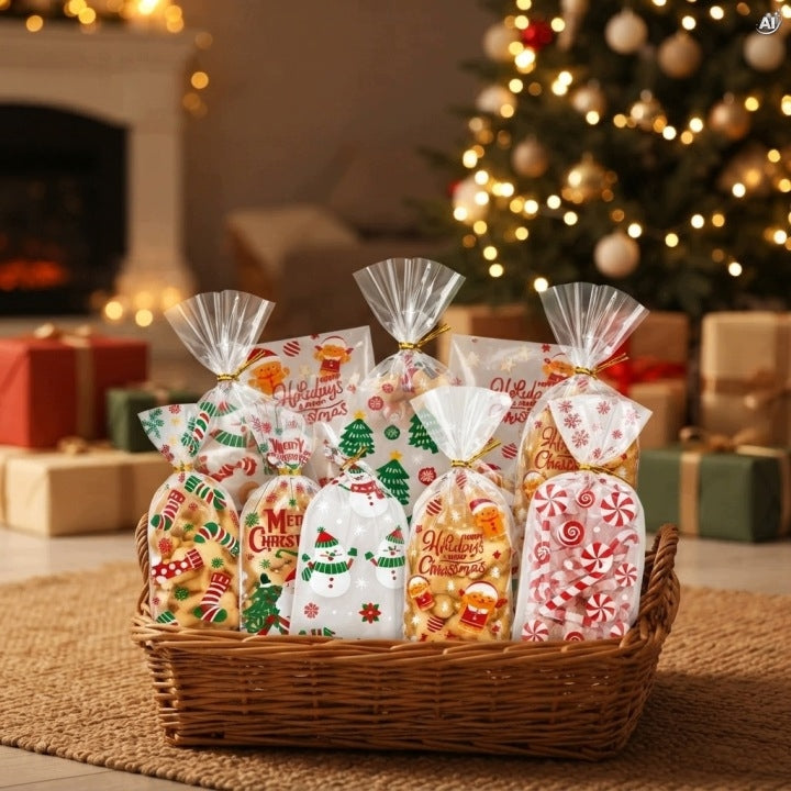 Zellophanbeutel 12,5 x 27,5 cm mit Weihnachtsmotiven, 14 Stück