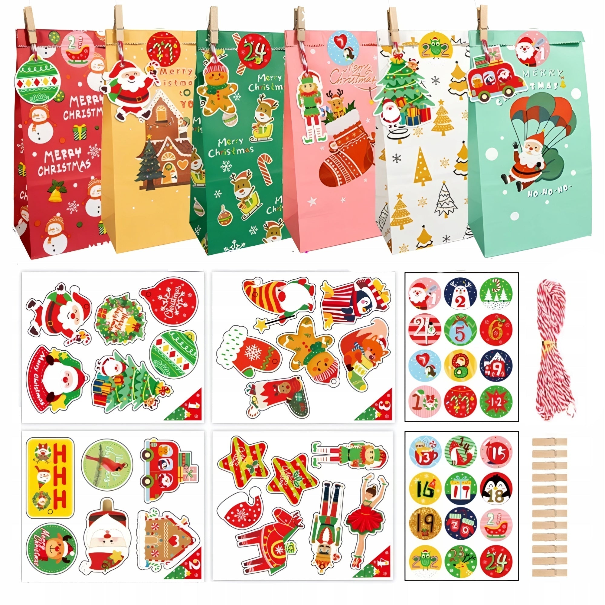 Adventskalendertüten mit Weinflaschen und Aufklebern