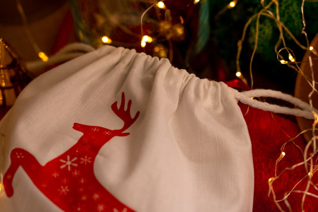 Weihnachts-Baumwollbeutel 210x200mm weiß mit Rentier-Aufdruck