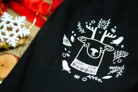 Weihnachts-Baumwolltasche 180x320mm Schwarz mit Rentier-Aufdruck