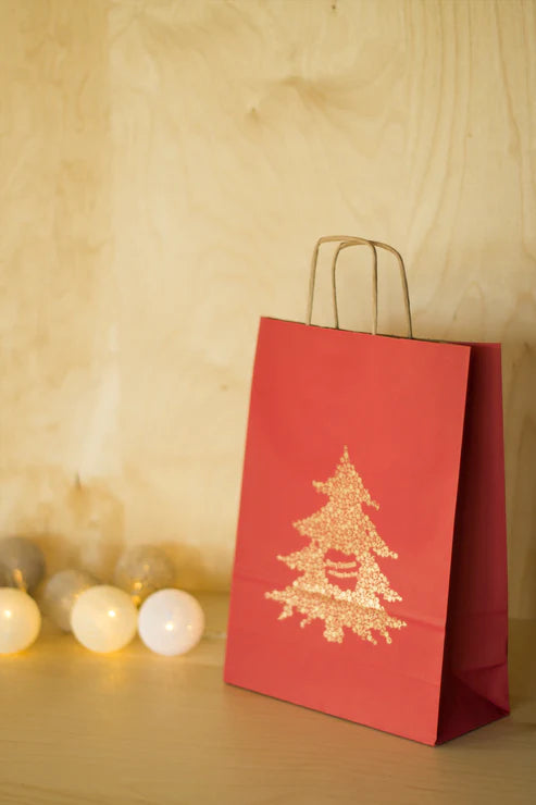 Weihnachtspapiertüte ROT 18x8x22,5cm GOLD Weihnachtsbaum