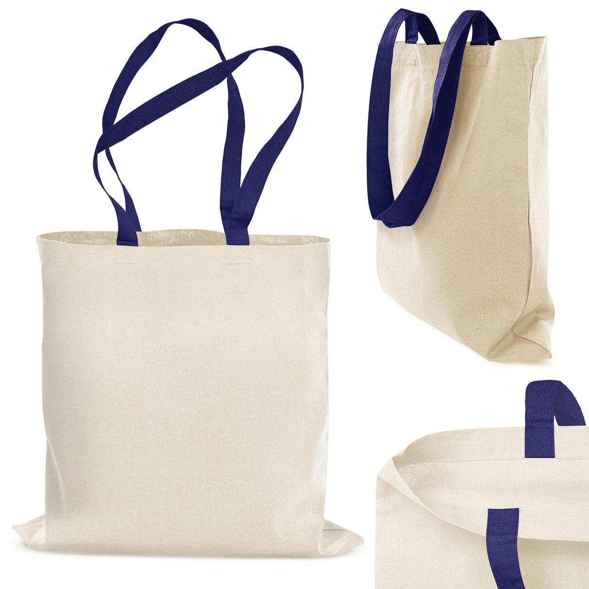 Baumwolltasche 38x42 cm Ecru mit dunkelblauen Henkeln 70cm