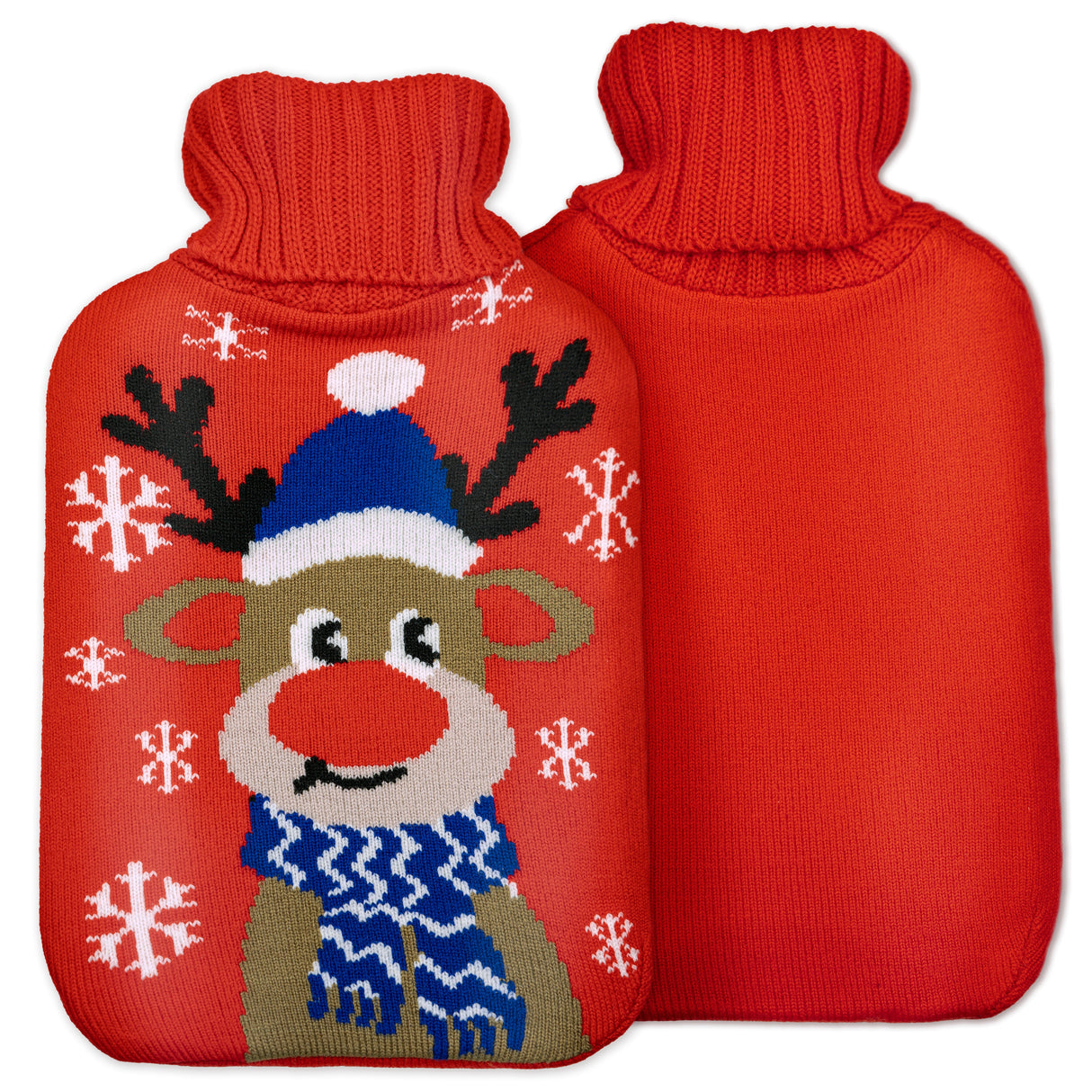 Reindeer Heater Wärmflasche in einem roten Bezug