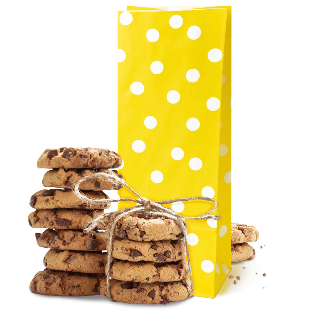 Papiertüten ohne Griff 100x70x280mm mit Tupfen - Gelb - 10 Stück