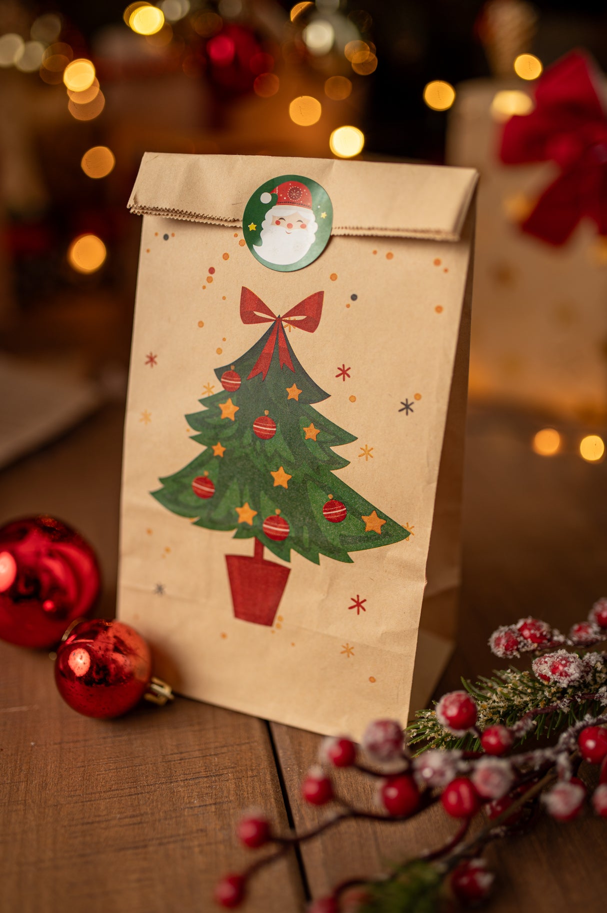 Papiertüte 240x80x13mm braun Weihnachtsmuster 4St.