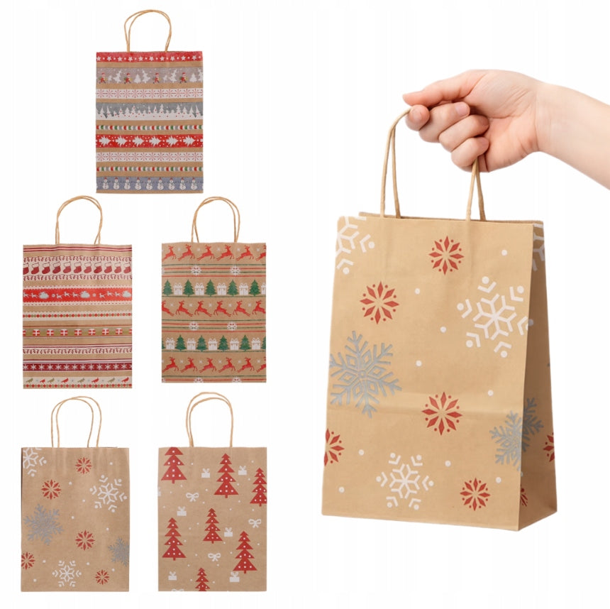 Papiertüte mit gedrehtem Henkel 270x110x210mm braun Weihnachtsmuster 4St.