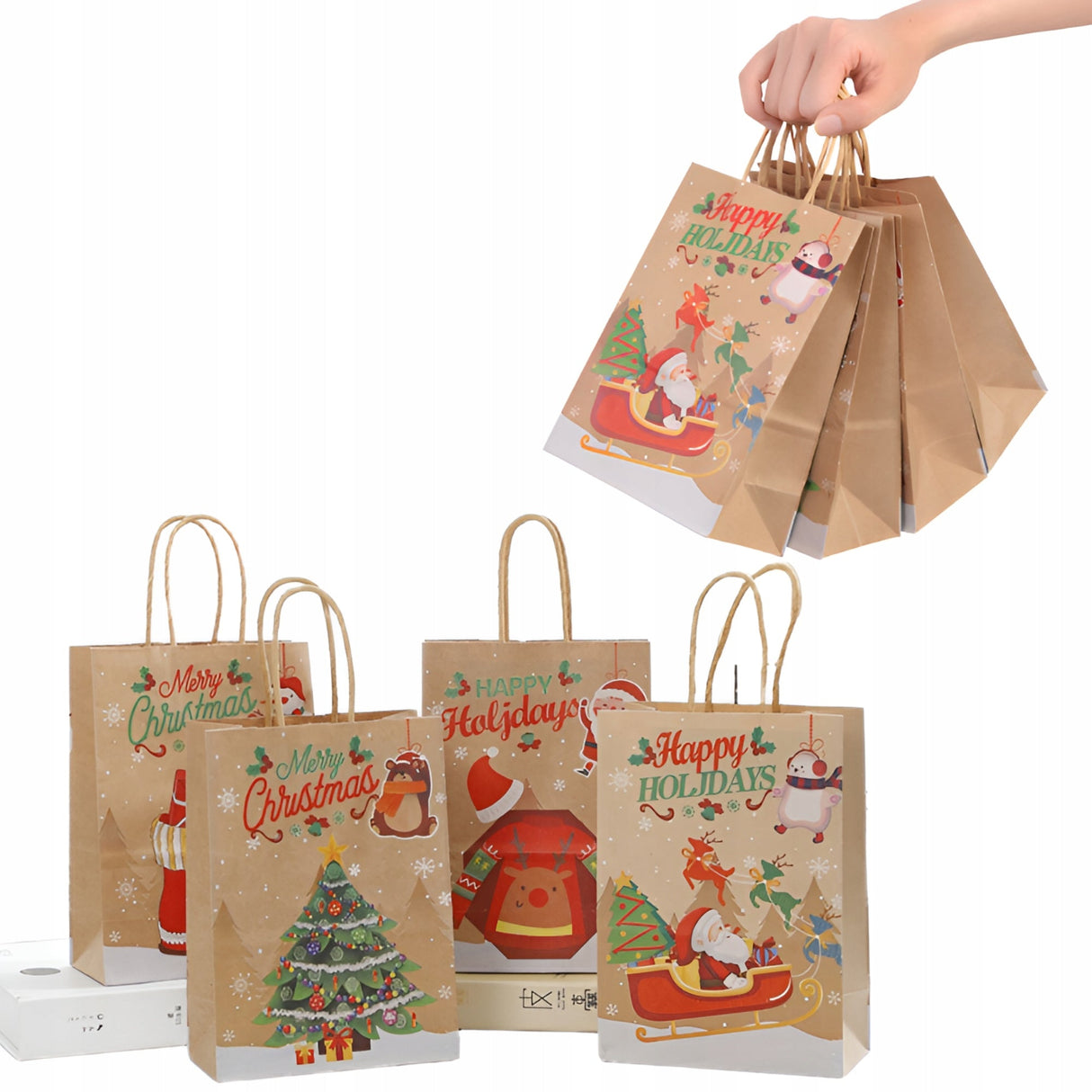 Papiertüte mit gedrehtem Henkel 270x110x210mm braun Weihnachtsmuster 4St.