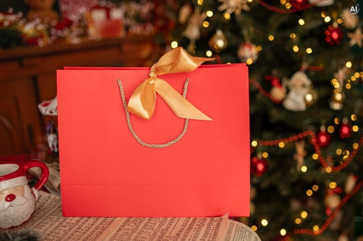 Laminierte Geschenktüte 32+11x25 cm mit goldener Schleife, rot, 5 Stück