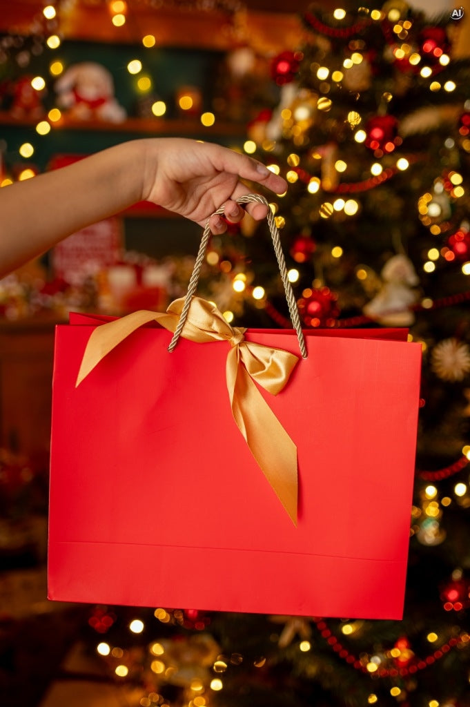 Laminierte Geschenktüte 32+11x25 cm mit goldener Schleife, rot, 5 Stück