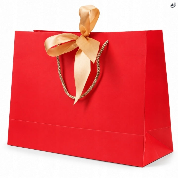 Laminierte Geschenktüte 32+11x25 cm mit goldener Schleife, rot, 5 Stück