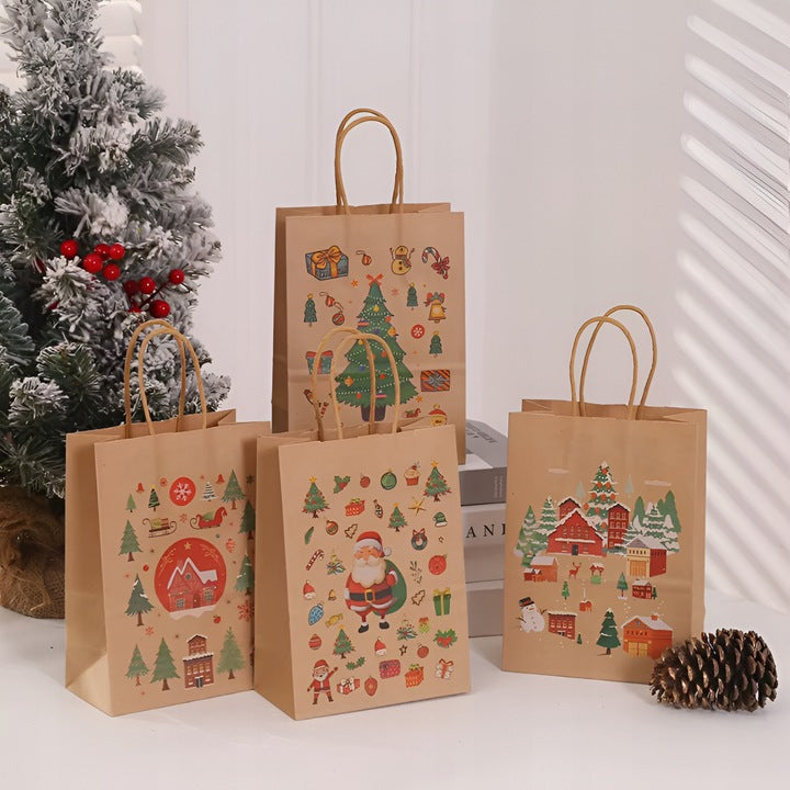 Papiertüte mit gedrehtem Henkel 210x80x150mm braun Weihnachtsmuster 4St.