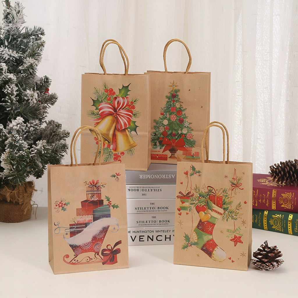 Papiertüte mit gedrehtem Henkel 330x120x260 braun Weihnachtsbaummuster 4 St.