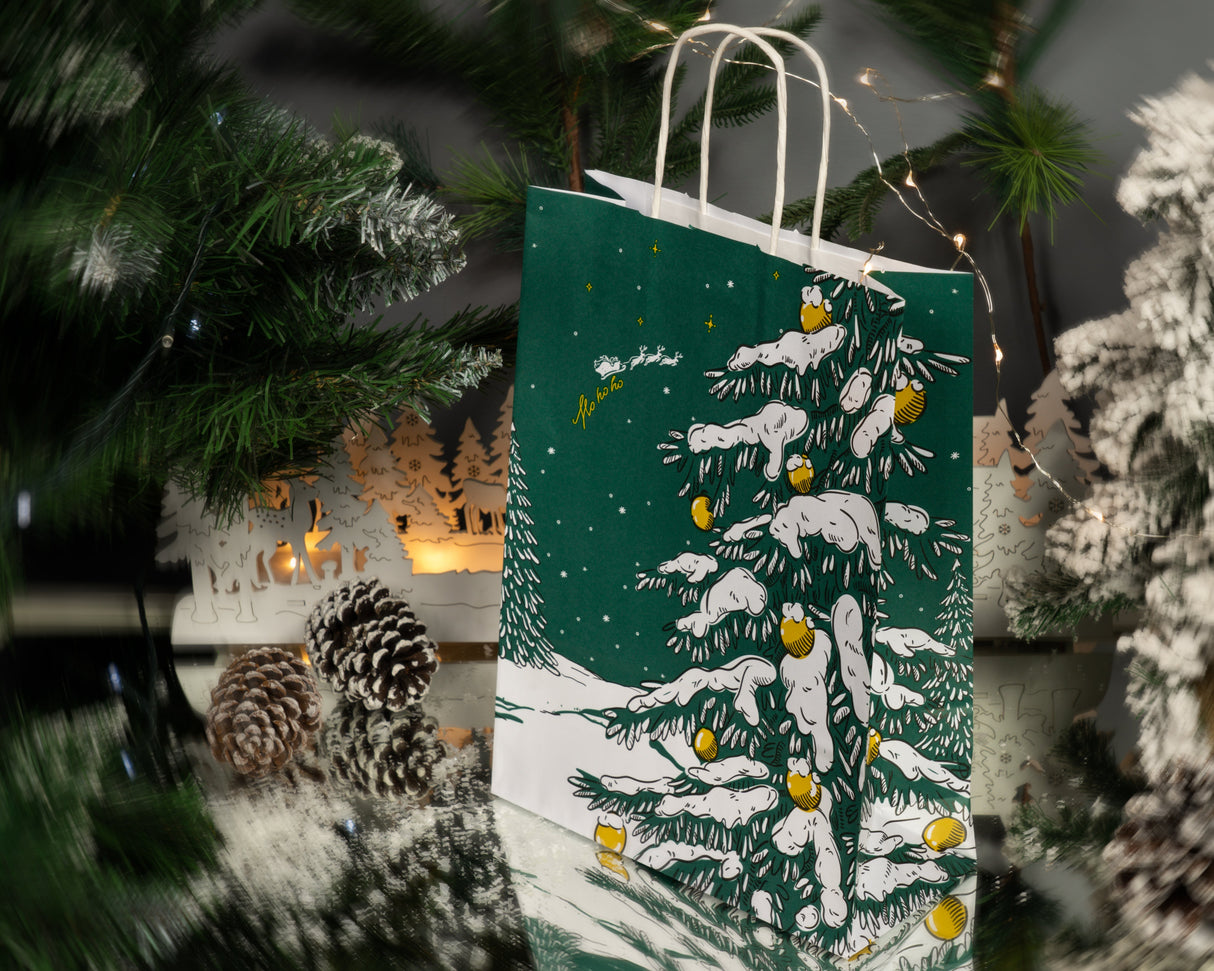 Weihnachtspapiertüte 240x100x320mm Grüner Weihnachtsbaum