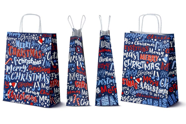 Weihnachtspapiertüte 240x100x320mm Marineblau Frohe Weihnachten