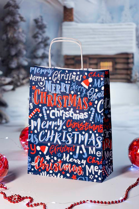 Weihnachtspapiertüte 240x100x320mm Marineblau Frohe Weihnachten