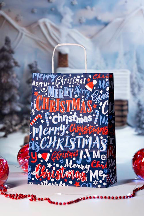 Weihnachtspapiertüte 240x100x320mm Marineblau Frohe Weihnachten