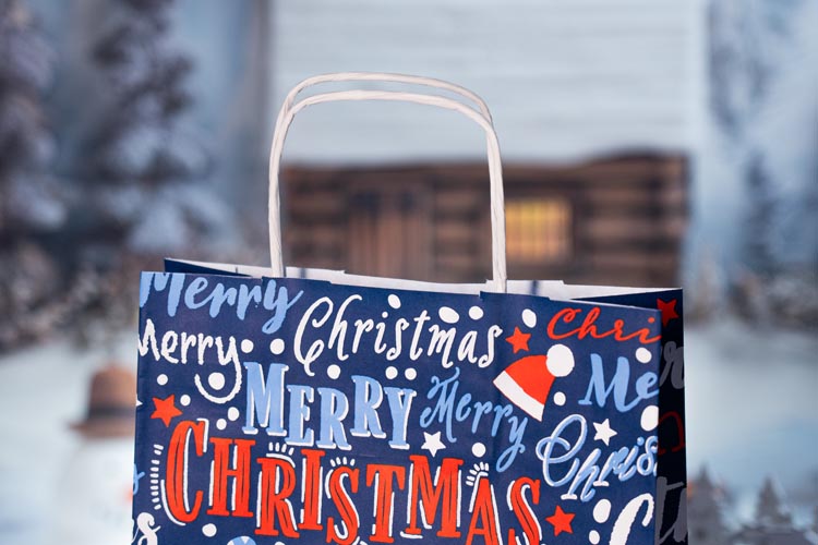 Weihnachtspapiertüte 240x100x320mm Marineblau Frohe Weihnachten