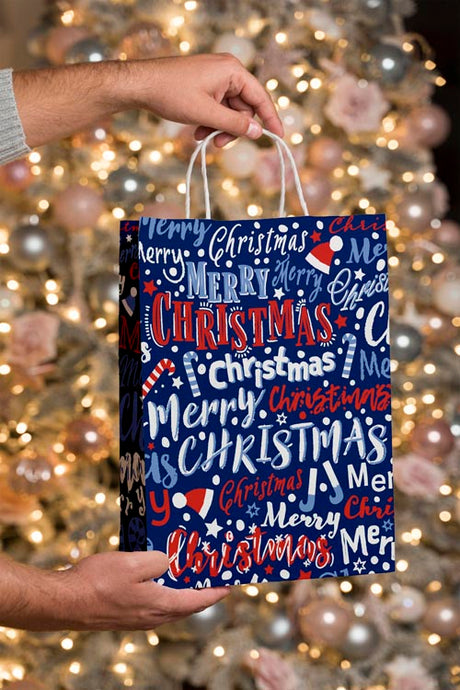 Weihnachtspapiertüte 240x100x320mm Marineblau Frohe Weihnachten