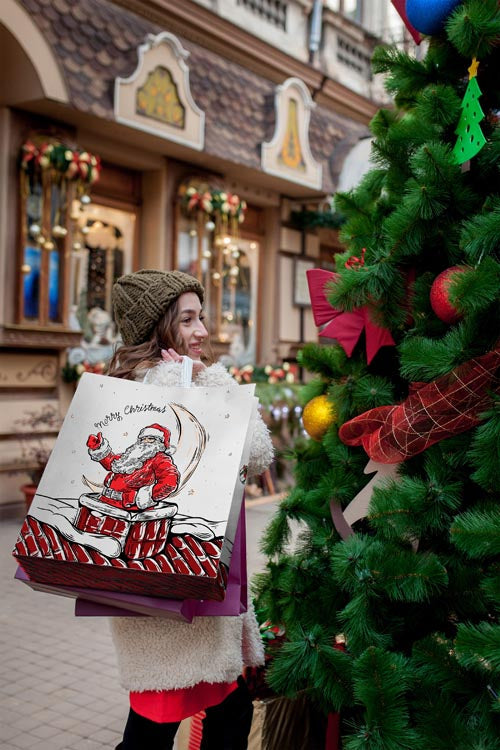 Weihnachtspapiertüte 400x180x390 mm Weihnachtsmann und Elf