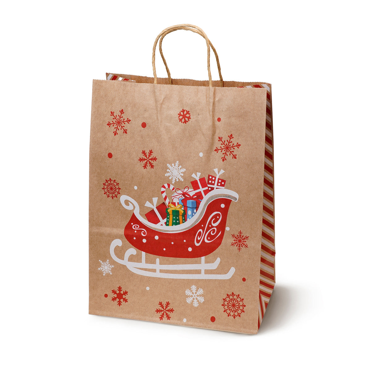 Weihnachts-Papiertragetasche 21+11x27 cm, Rentier, Tannenbaum, Schlitten, Mütze, 4 Stück