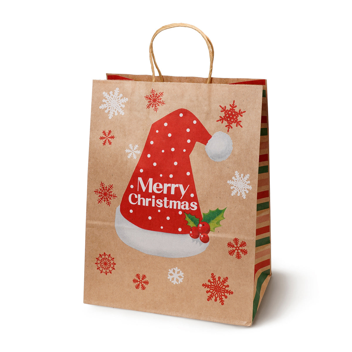 Weihnachts-Papiertragetasche 21+11x27 cm, Rentier, Tannenbaum, Schlitten, Mütze, 4 Stück