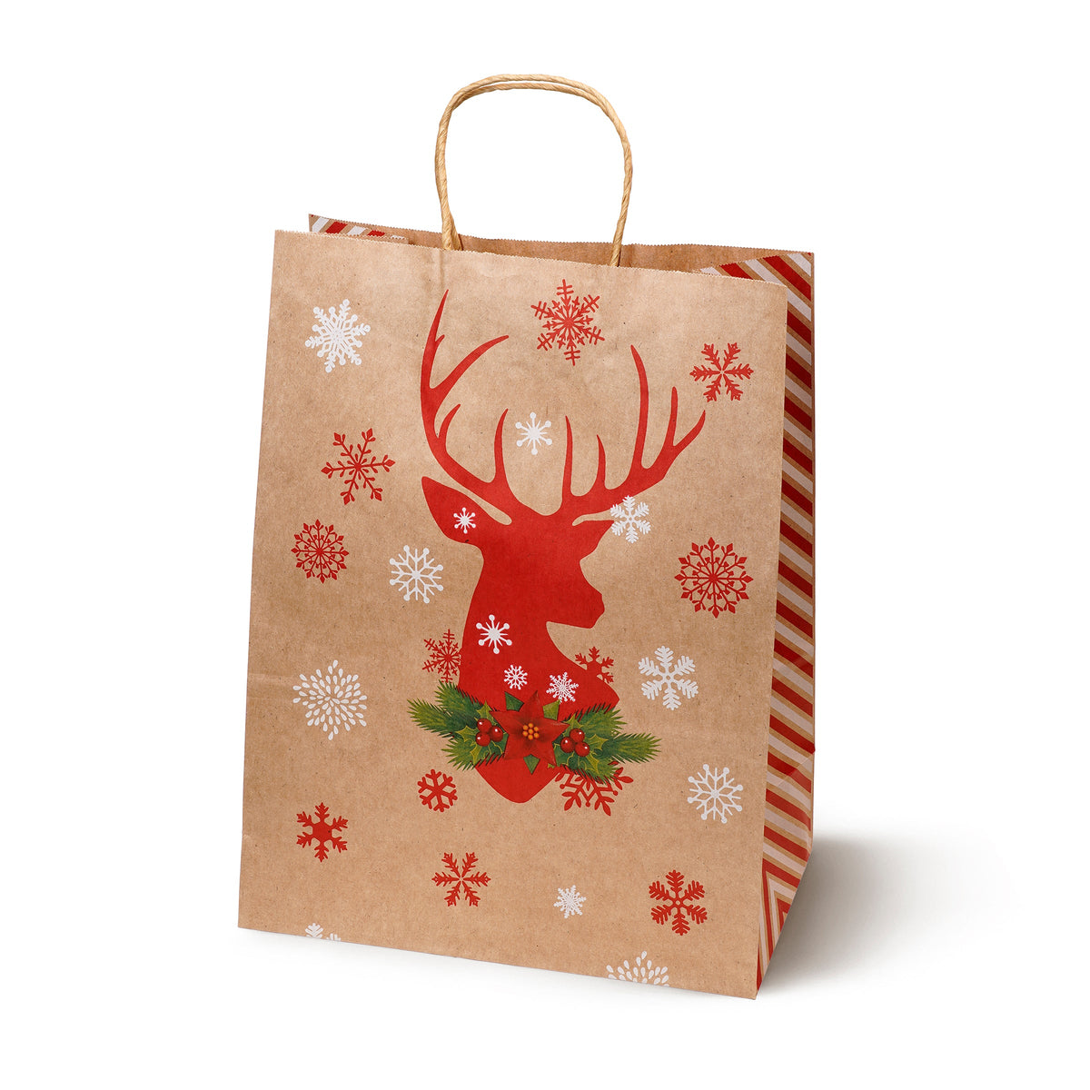 Weihnachts-Papiertragetasche 21+11x27 cm, Rentier, Tannenbaum, Schlitten, Mütze, 4 Stück