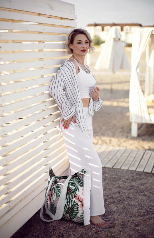 Strandtasche OXFORD rosa und grüne Monstera