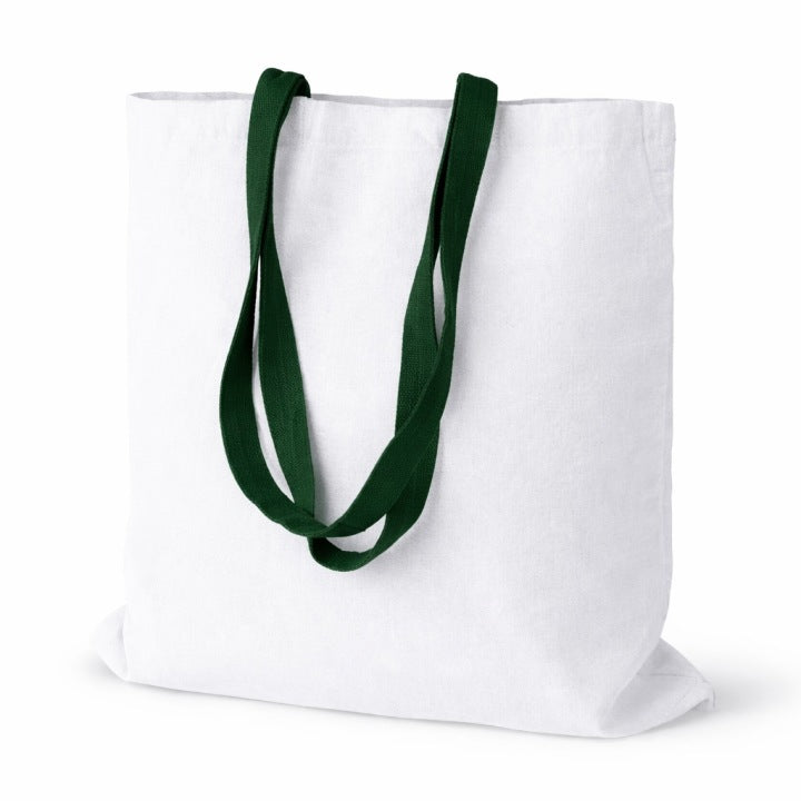 Baumwolltasche 380x420mm Weiß, Grüne Henkel: 70 cm