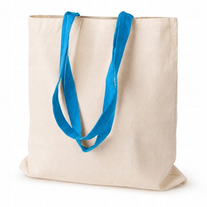 Baumwolltasche 38 x 42 cm, Henkel 70 cm, 265 g/m², natur, Henkel hellblau