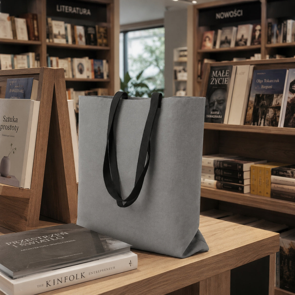 Baumwolltasche 380x420mm Grau Schwarzer Henkel: 70cm