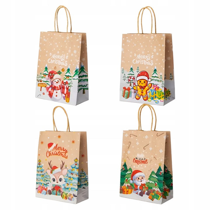 Weihnachts-Papiertragetasche 15+8x21 cm, Schneemann, Rentier, Weihnachtsmann, Lebkuchen, 4 Stück