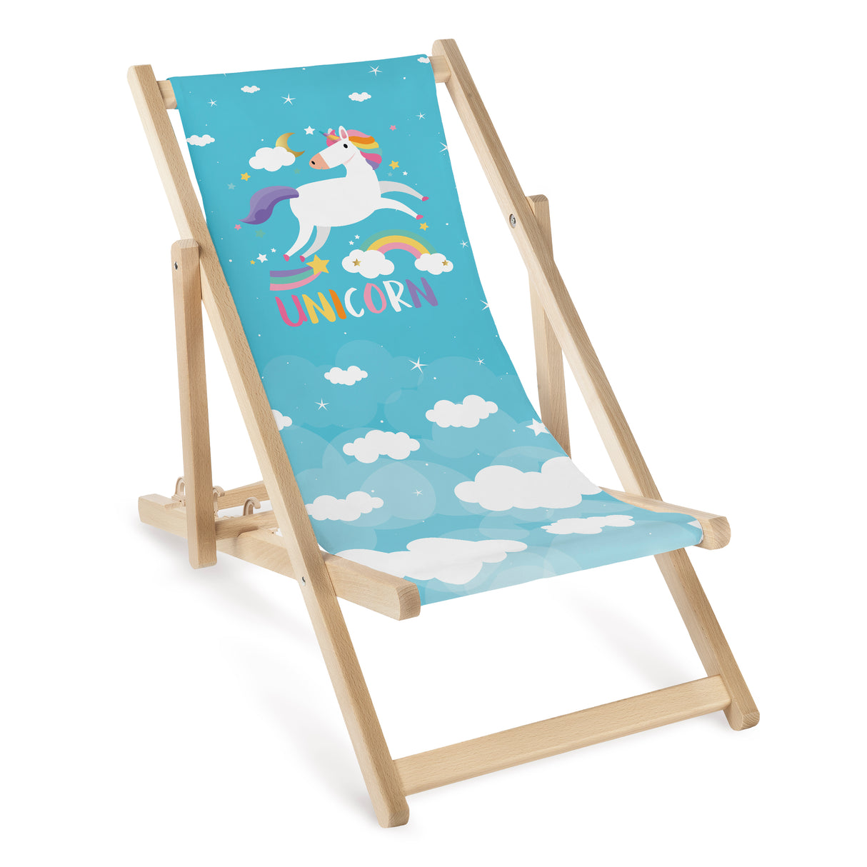 Kinderliegestuhl aus Holz Blaues Einhorn