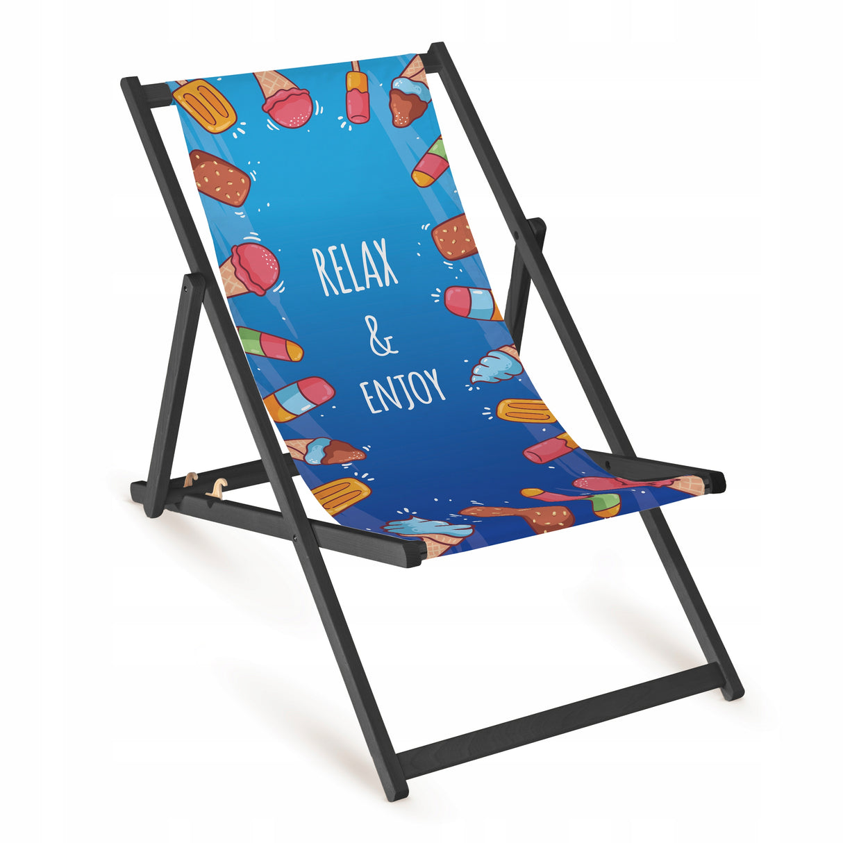 Holz-Liegestuhl Relax & Enjoy Fullprint mit schwarzem Gestell