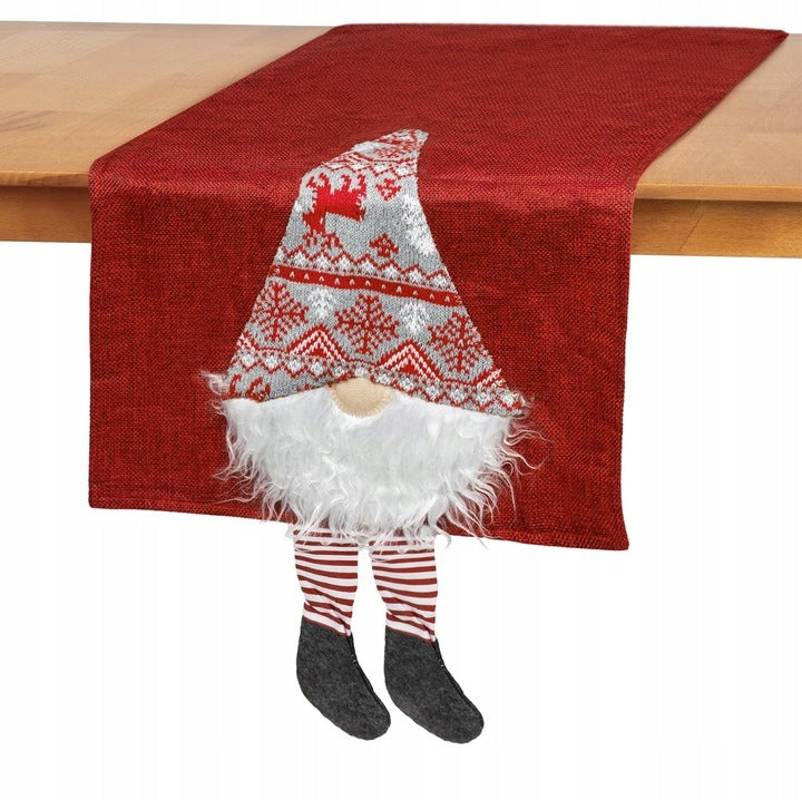Weihnachtlicher Tischläufer mit Gnom-Motiv 180x33cm Rot
