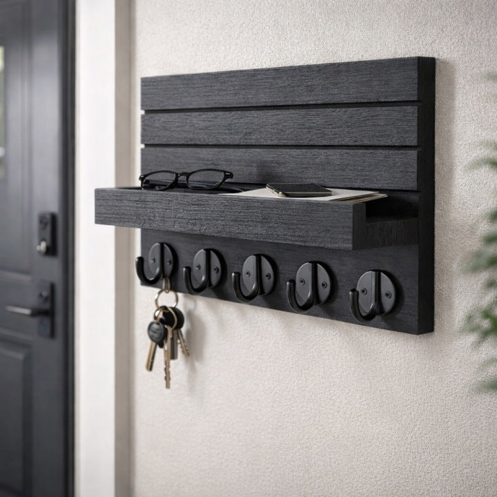Wandgarderobe aus Holz mit Ablage und Haken Schwarz