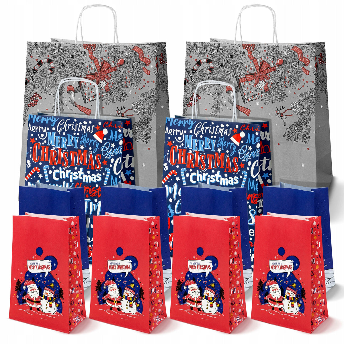 Set Weihnachts-Papiertragetaschen, 12 Stück, Marineblau, Grau und Rot