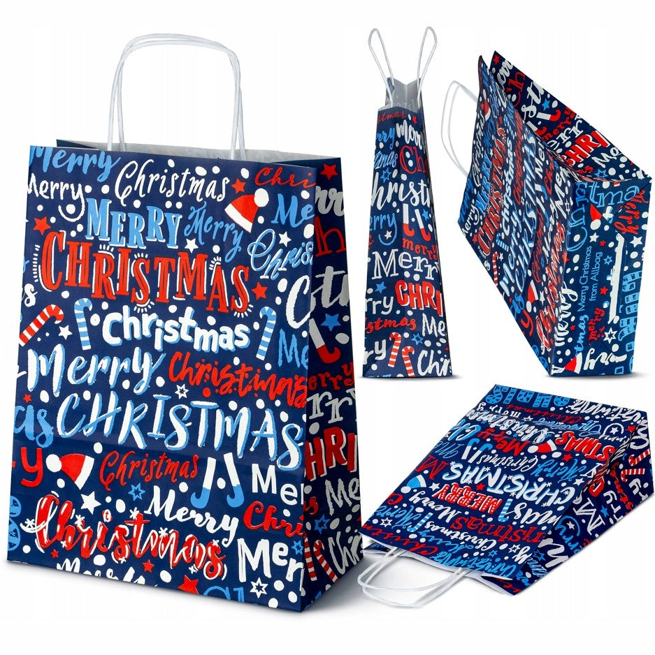 Set Weihnachts-Papiertragetaschen, 12 Stück, Marineblau, Grau und Rot