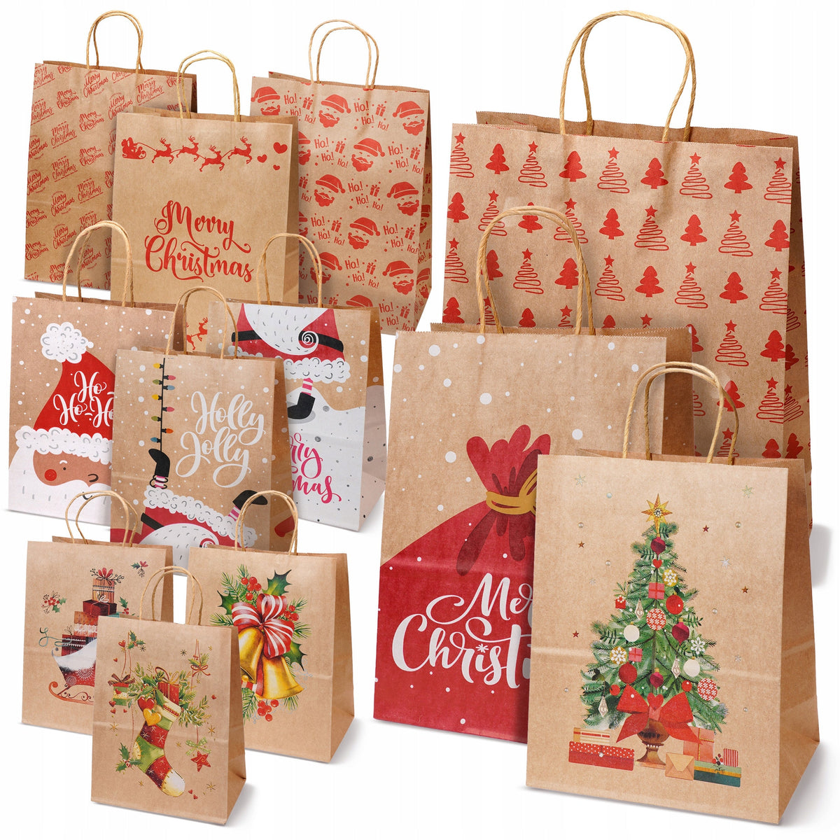 Set Weihnachts-Papiertragetaschen, 12 Stück, Kraft