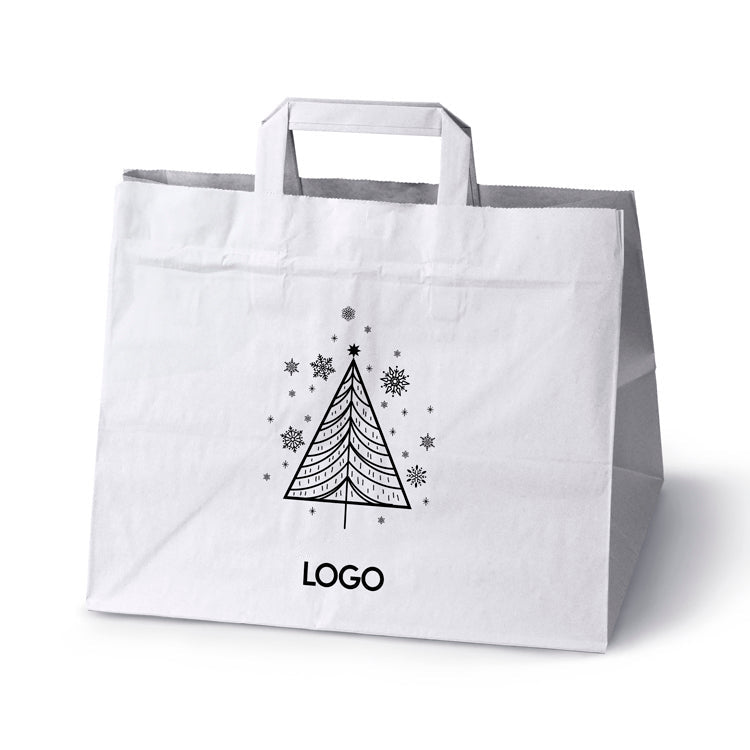 Weihnachts-Papiertragetasche mit Logo, Motiv SW-01, 32+22x24,5 cm, Weiß