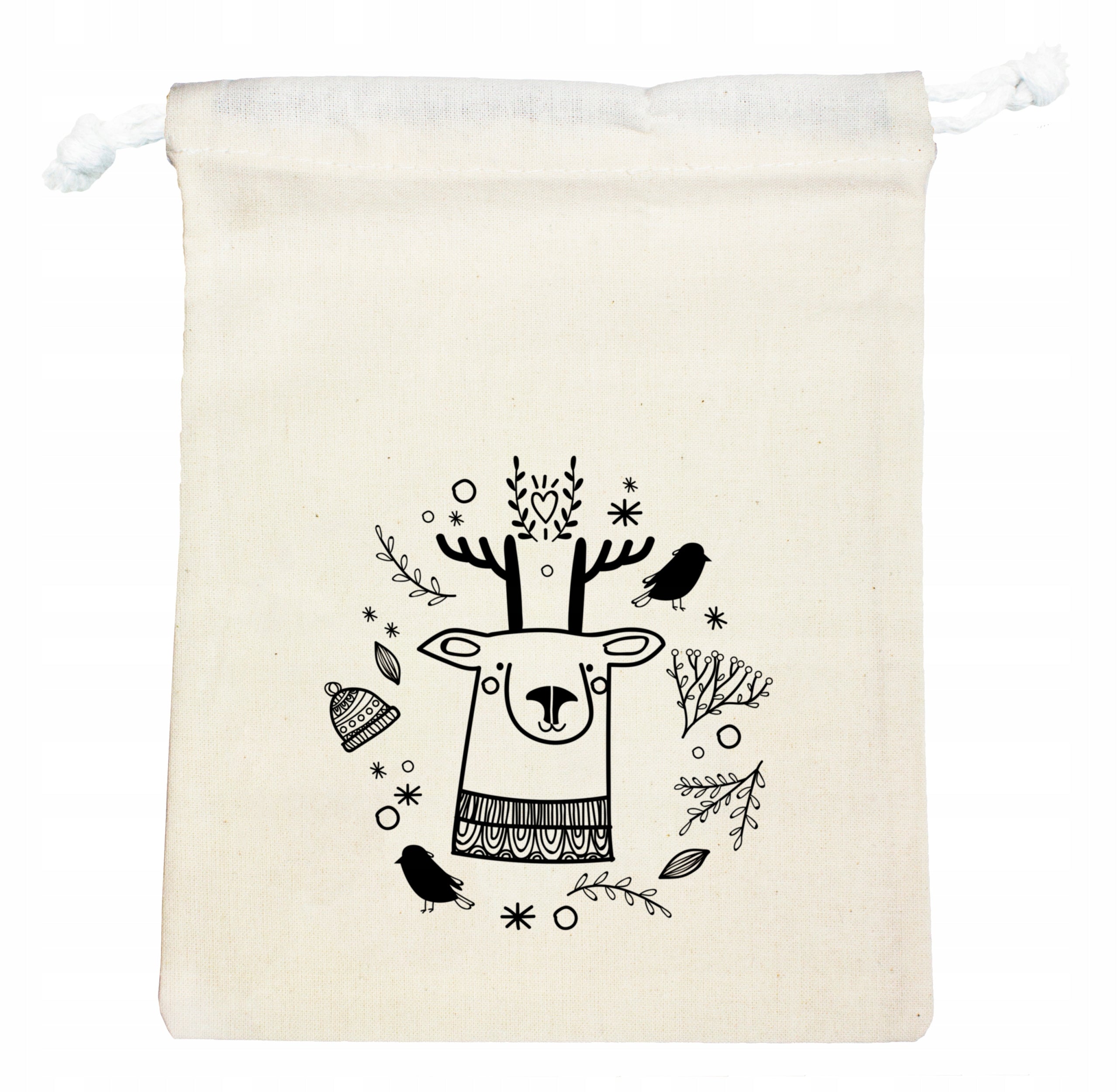 Weihnachts-Baumwolltasche 100x150mm Ecru mit Rentier-Aufdruck