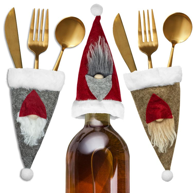 Besteck-Flaschenhülle mit Weihnachtsmützen 3-tlg.
