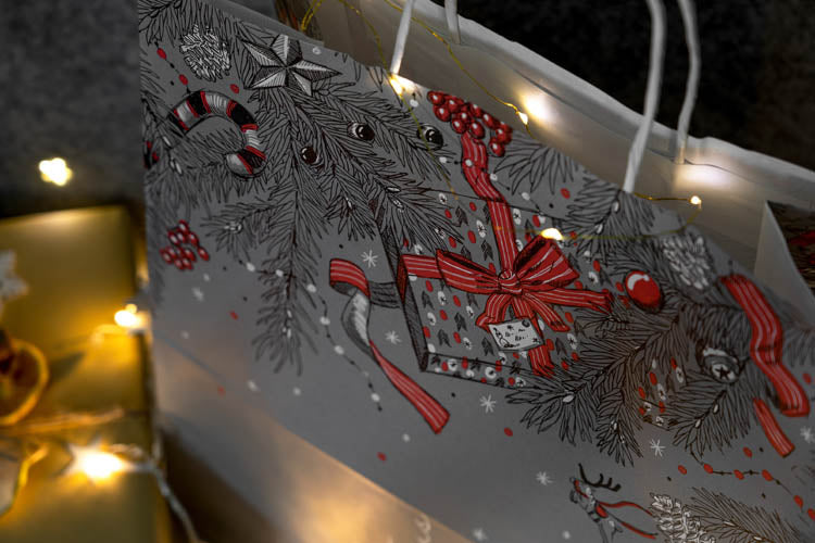 Weihnachtspapiertüte 320x160x380mm Grau Frohe Weihnachten