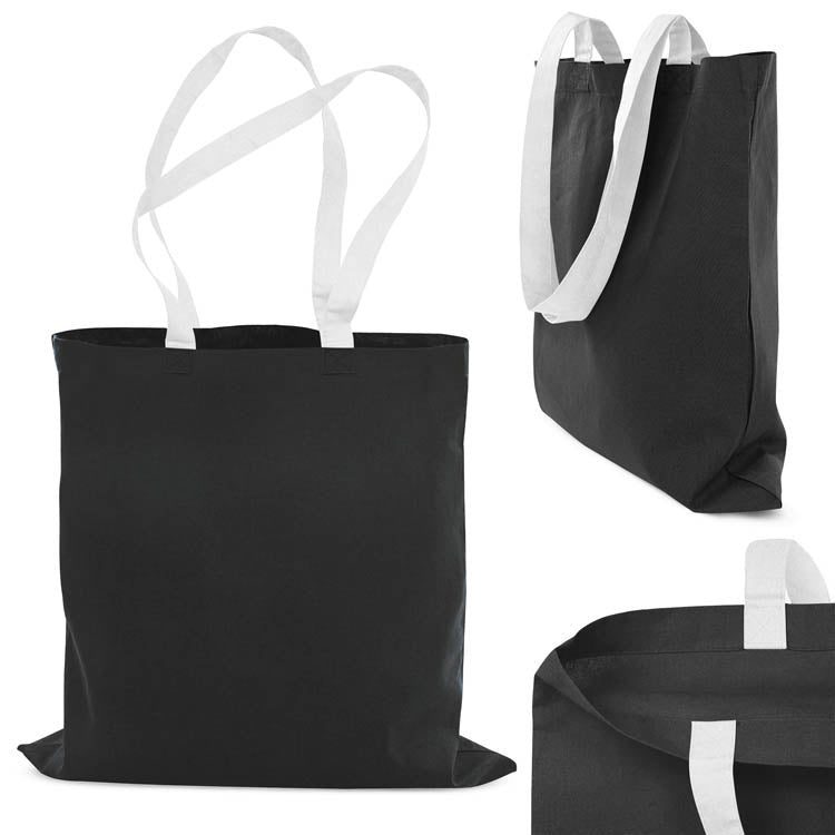 Baumwolltasche Schwarz 380x420 mm 145 g weiß Griff 70 cm