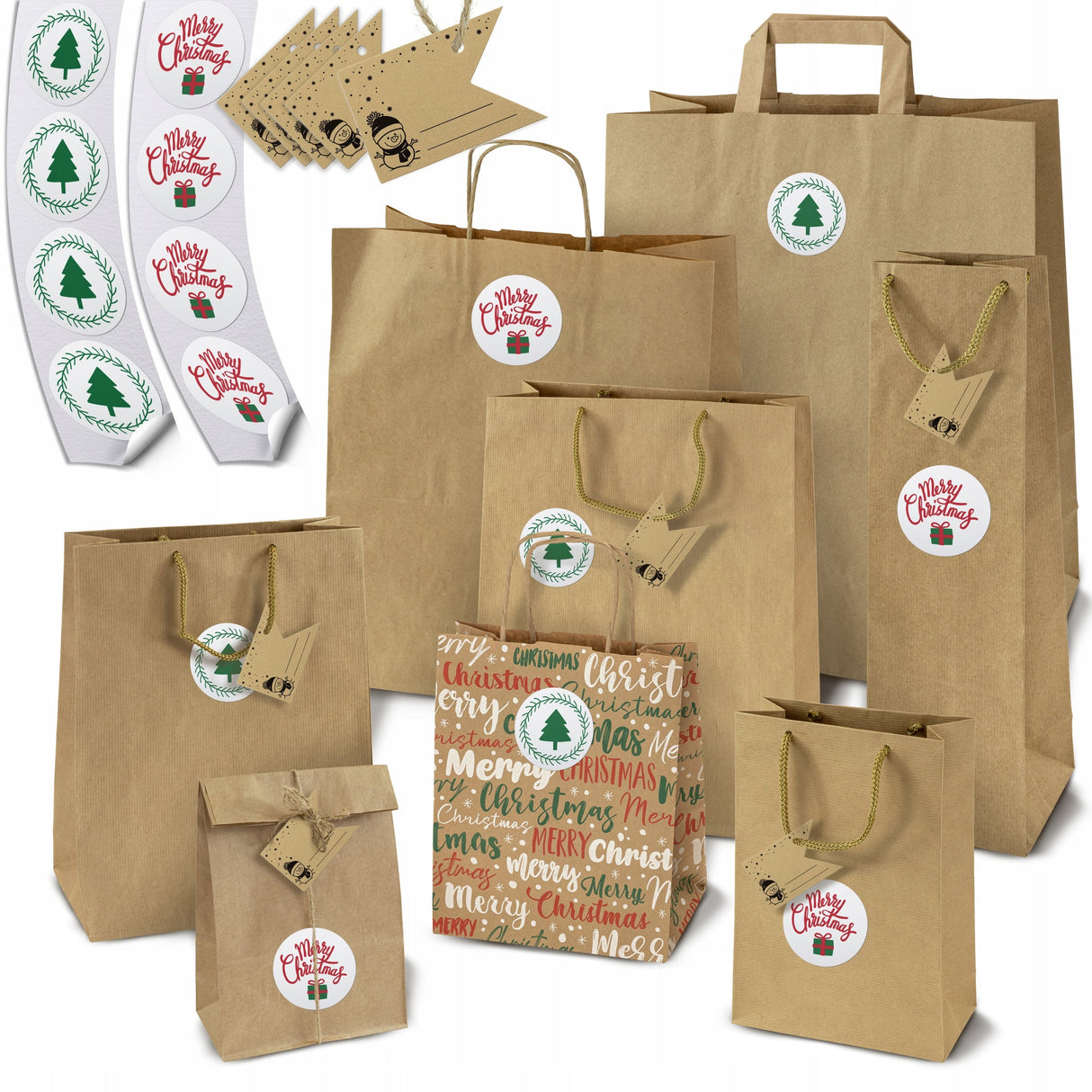 Set Weihnachtspapiertüten mit Aufklebern und Tischkarten, gemischte Größen