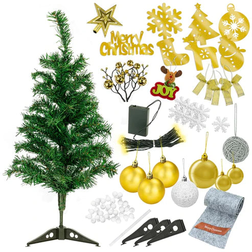 Künstlicher Weihnachtsbaum aus Kiefernholz + Dekorationen