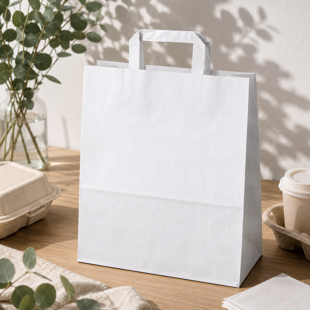 Sacchetto di carta con manico piatto 320x160x390mm Bianco