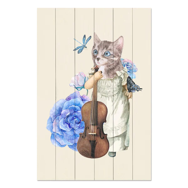 Wanddeko Holz - Cat with Fiddle in Flowers
