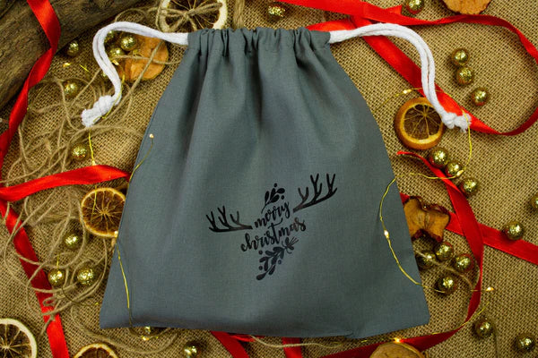 Weihnachtsbeutel aus Baumwolle 24x20cm GRAU MERRY CHRISTMAS